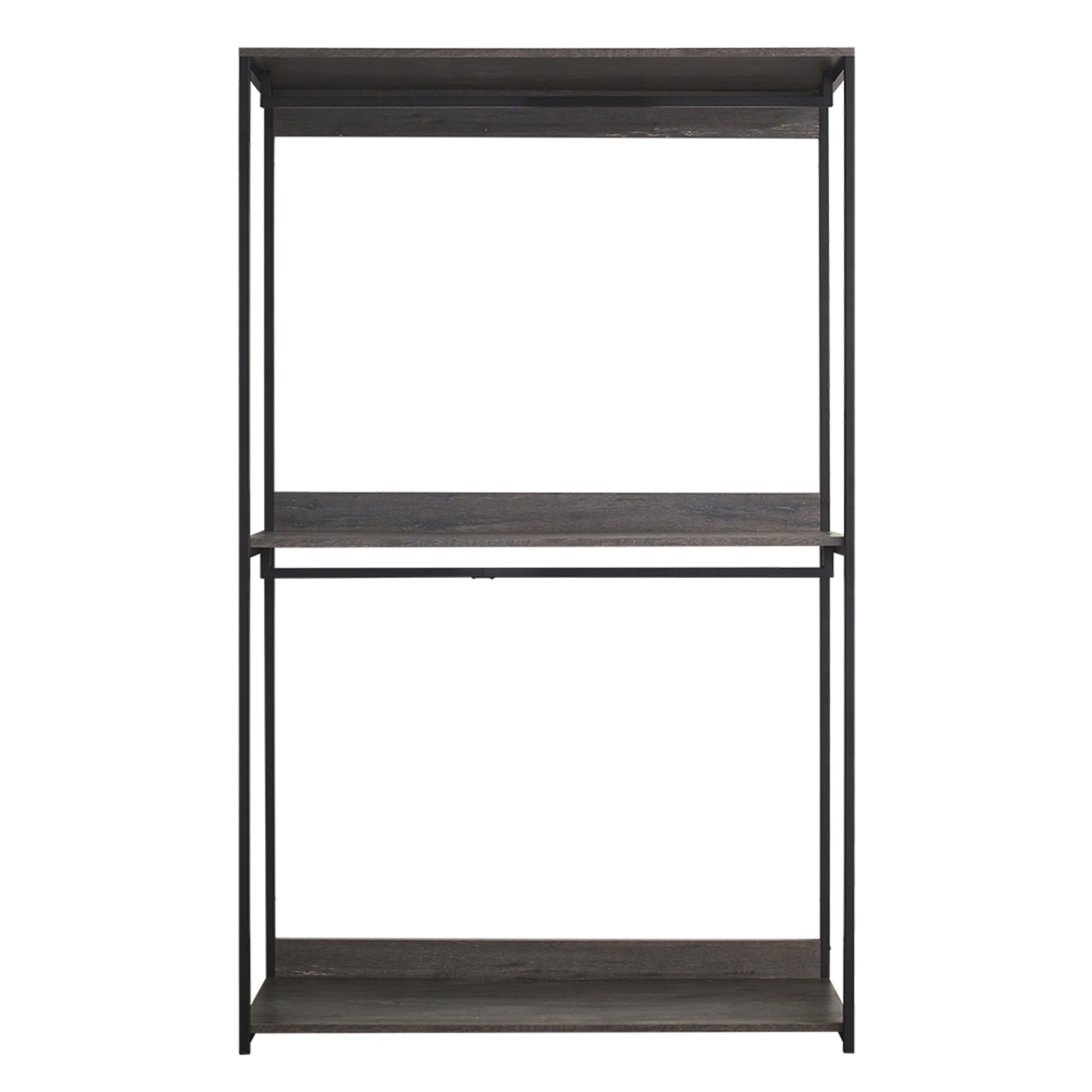 Industrial pipe clothing rack with dark wood shelves and a hanging rod
