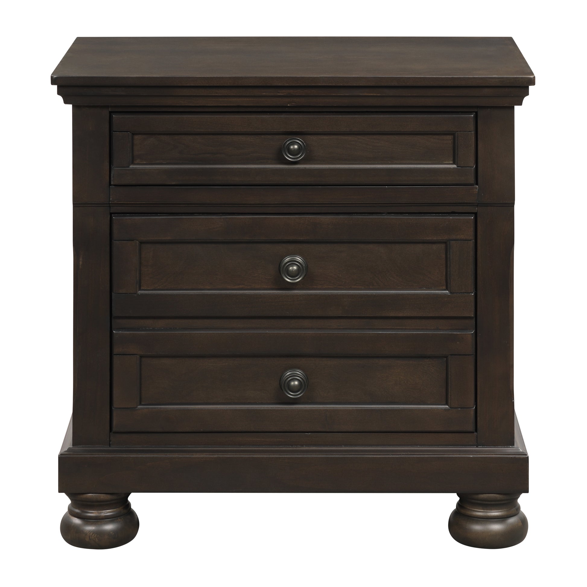 Dark brown wood nightstand with three drawers and ornate knobs