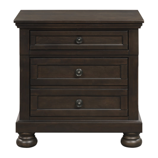 Dark brown wood nightstand with three drawers and ornate knobs