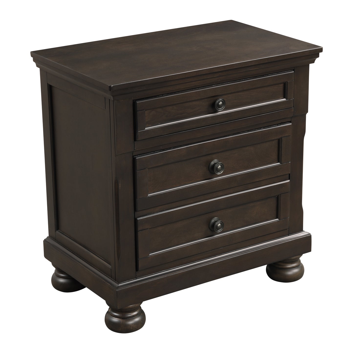 Dark brown wood nightstand with three drawers and turned legs