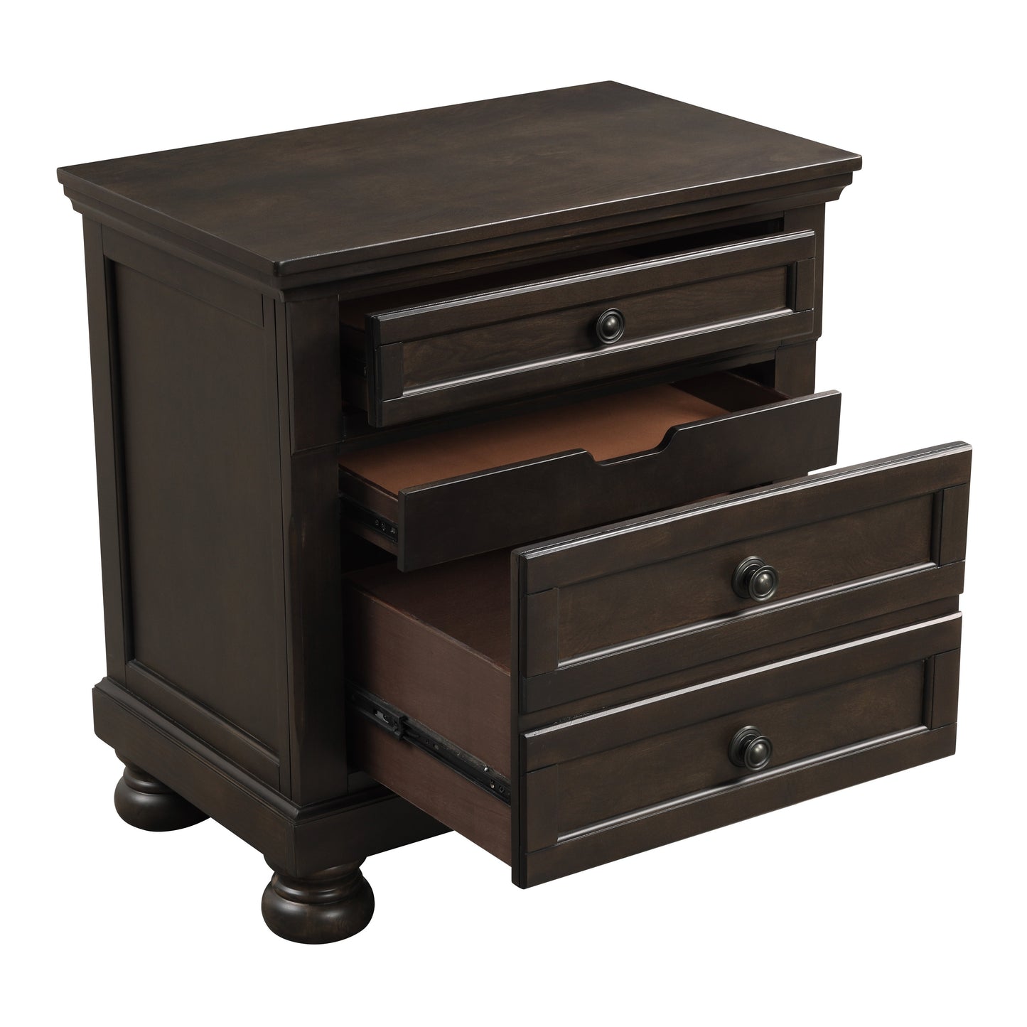 Dark brown wood nightstand with three drawers