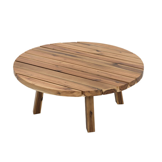 Round acacia wood coffee table with slatted surface and tapered legs