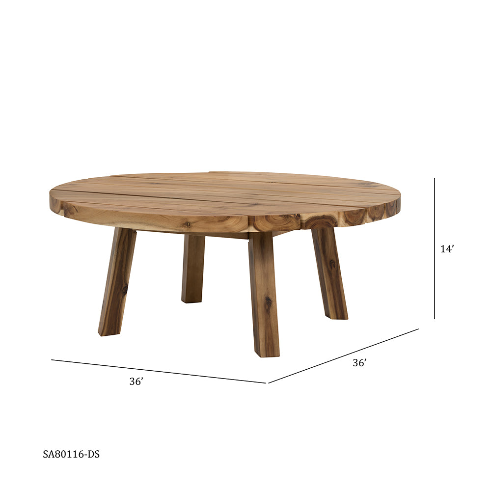 Round natural wood coffee table with plank top and four sturdy legs