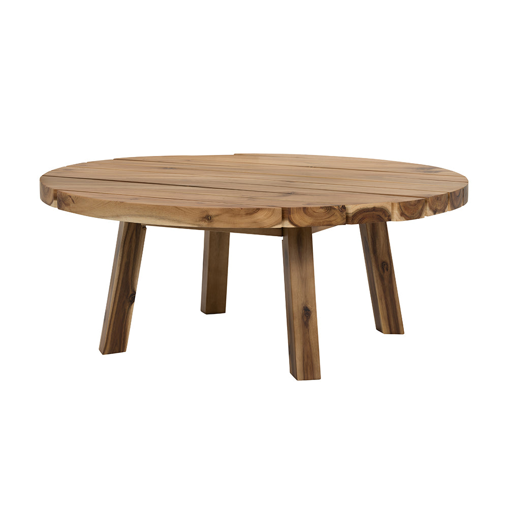 Round natural wood coffee table with roughhewn edge and sturdy legs