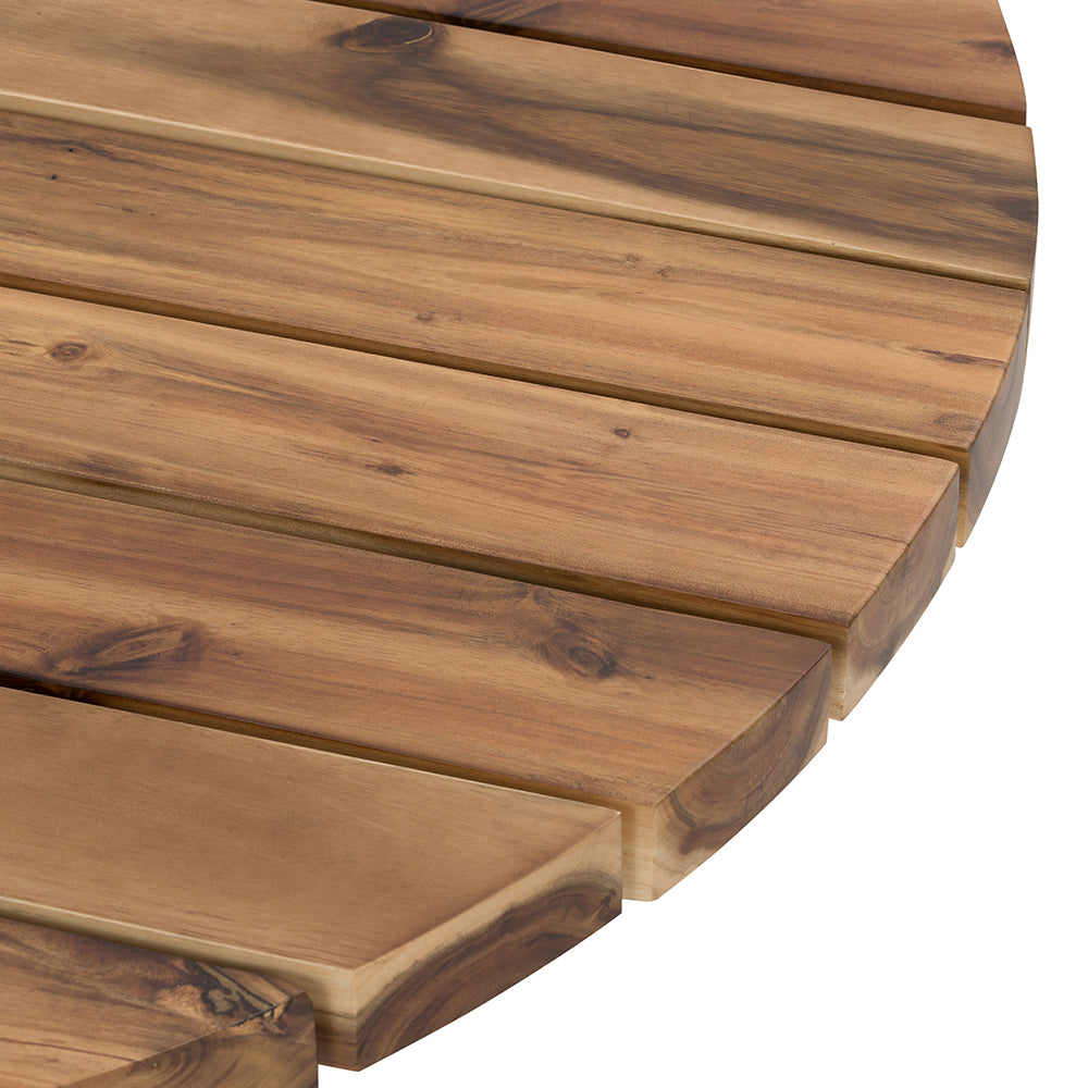 Closeup of a round acacia wood table top with natural grain and rustic edge detail