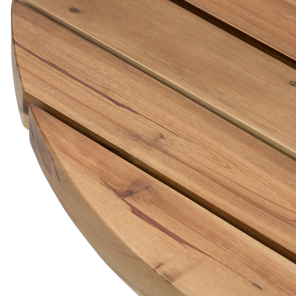 Closeup of a natural wood slat tabletop with visible grain perfect for outdoor dining tables