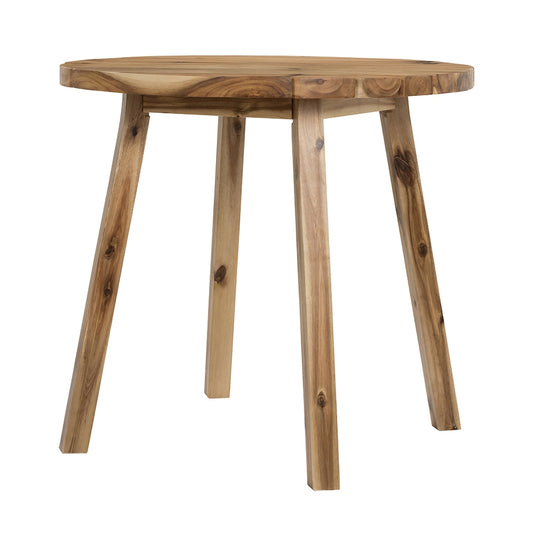 Round acacia wood side table with three tapered legs and natural wood grain detail