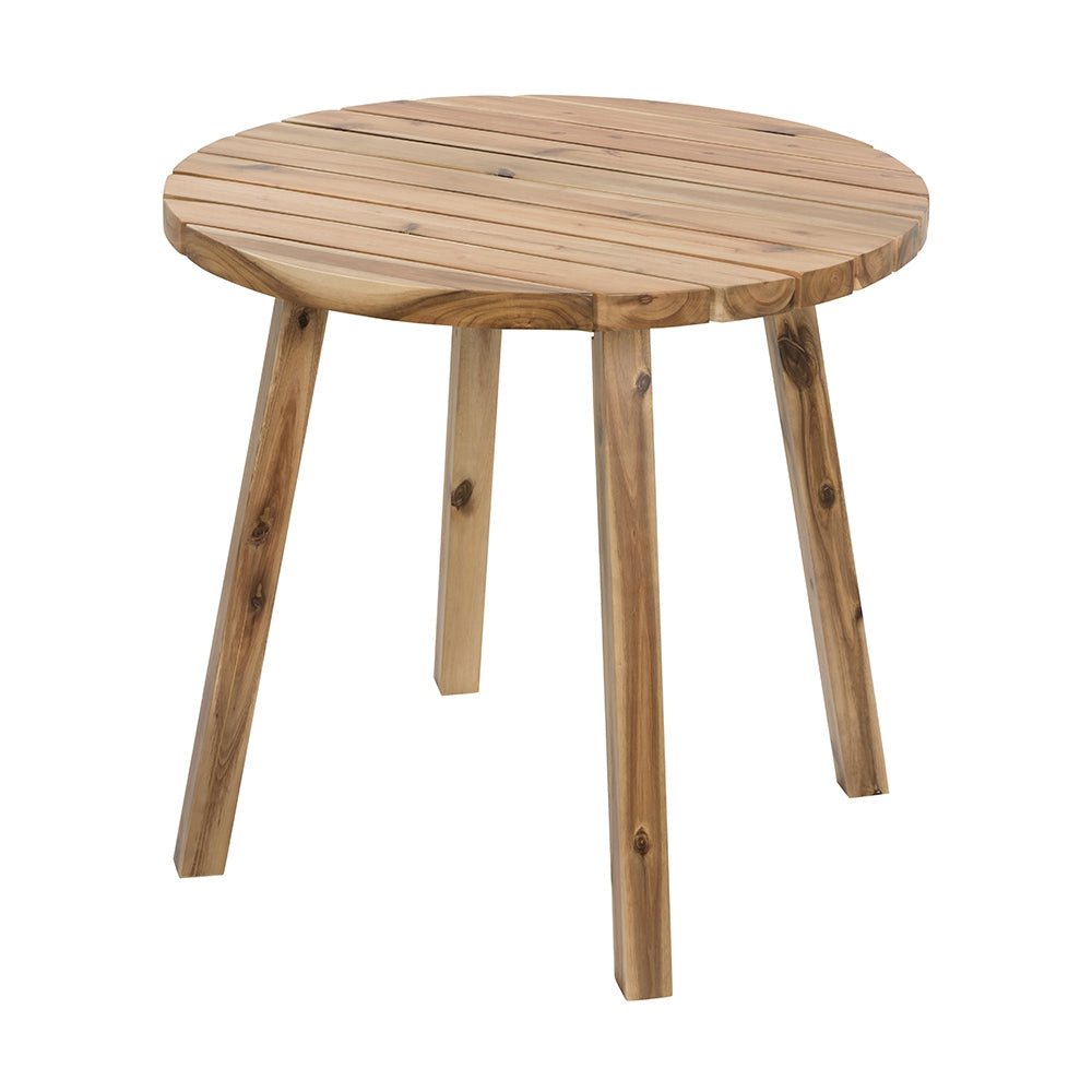Round natural wood side table with three tapered legs ideal for outdoor patios