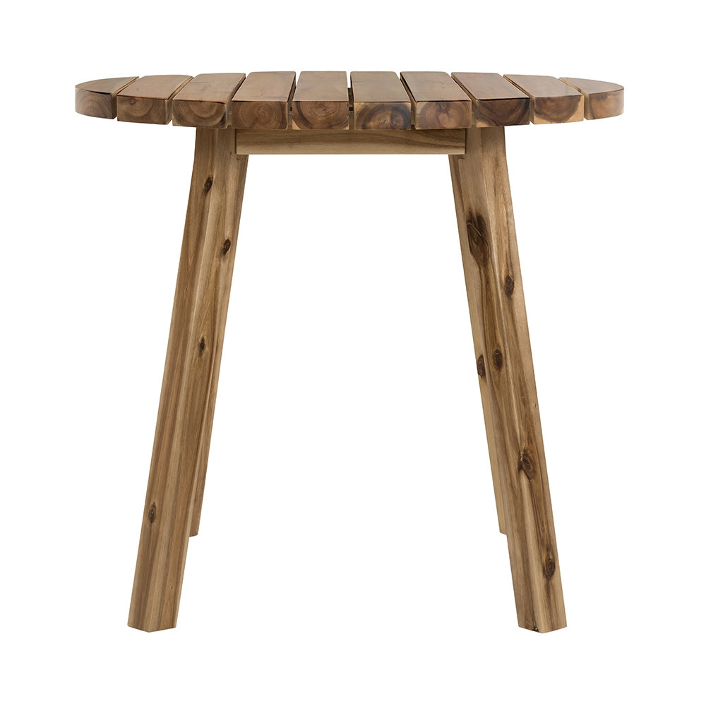 Round wooden bistro table with slatted top and tapered legs perfect for outdoor dining