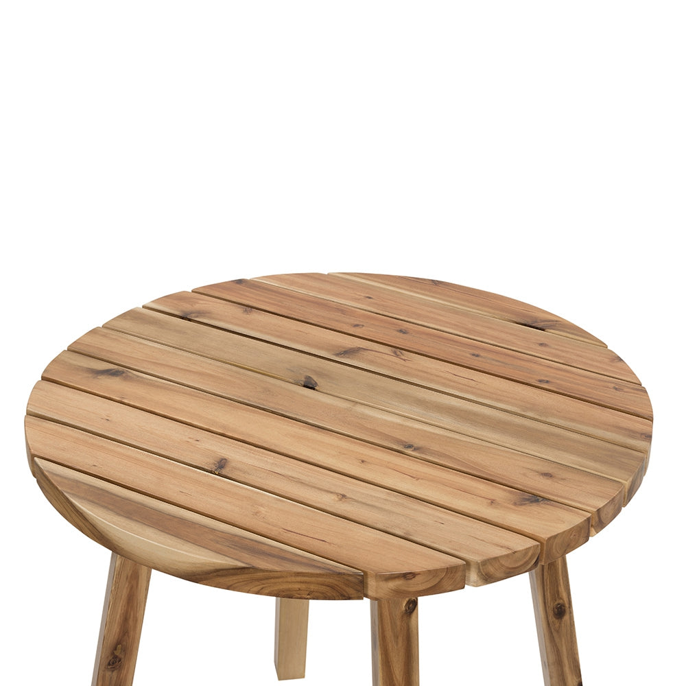 Round wooden patio table with natural wood grain perfect for outdoor seating