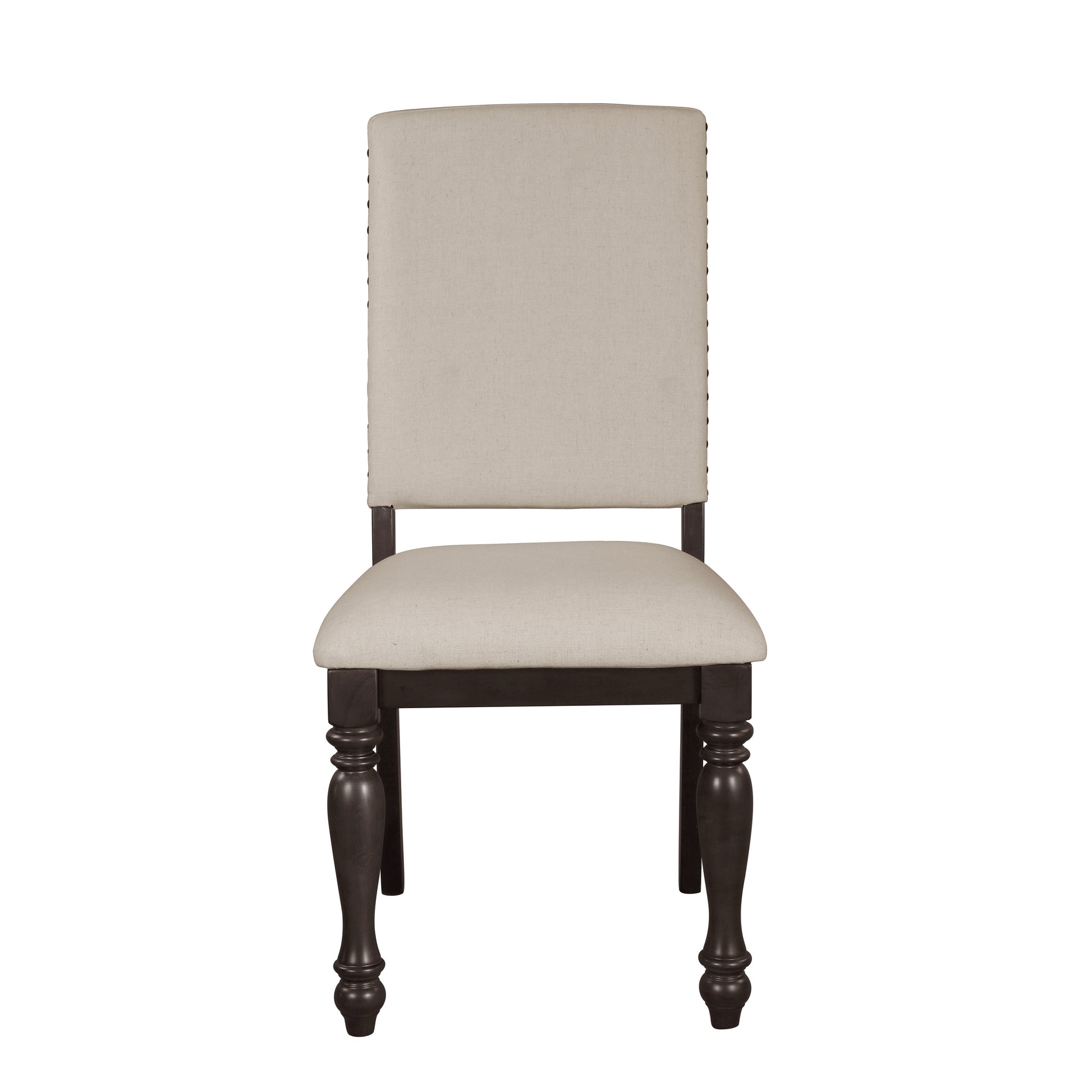 Upholstered dining chair with nailhead trim and dark wood legs