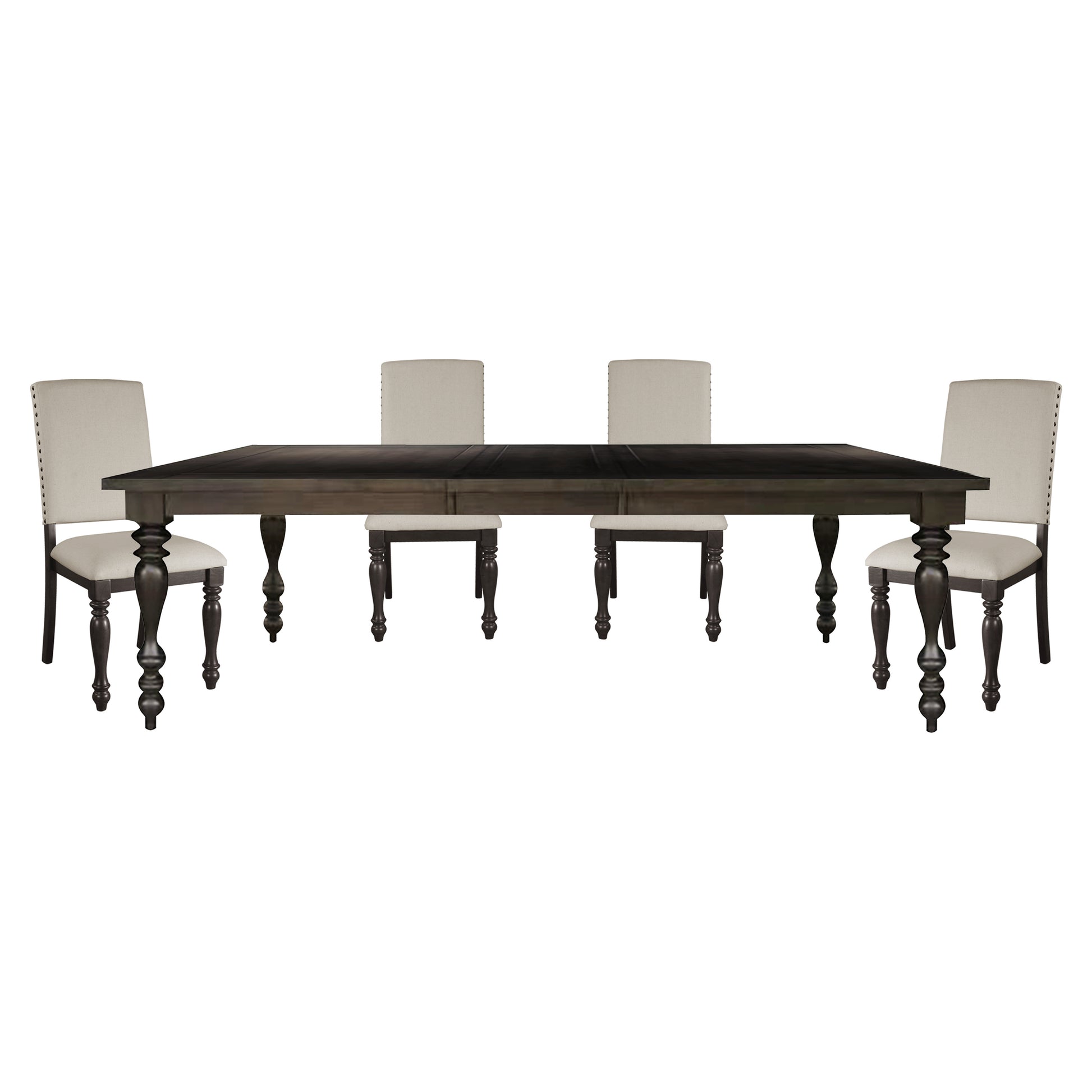 Dark wood extension dining table with four upholstered chairs in light beige