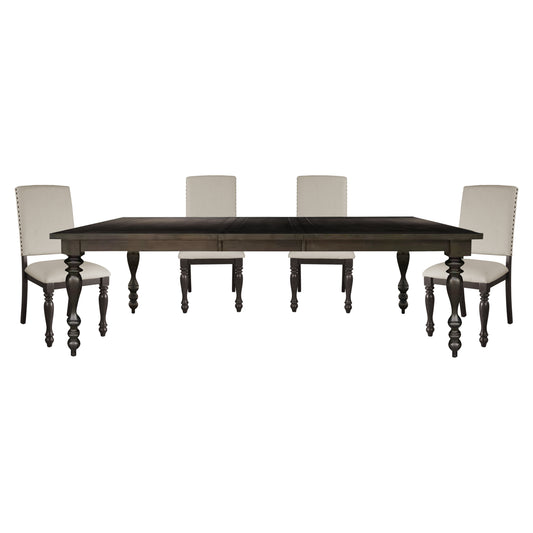 Dark wood extension dining table with four upholstered chairs in light beige