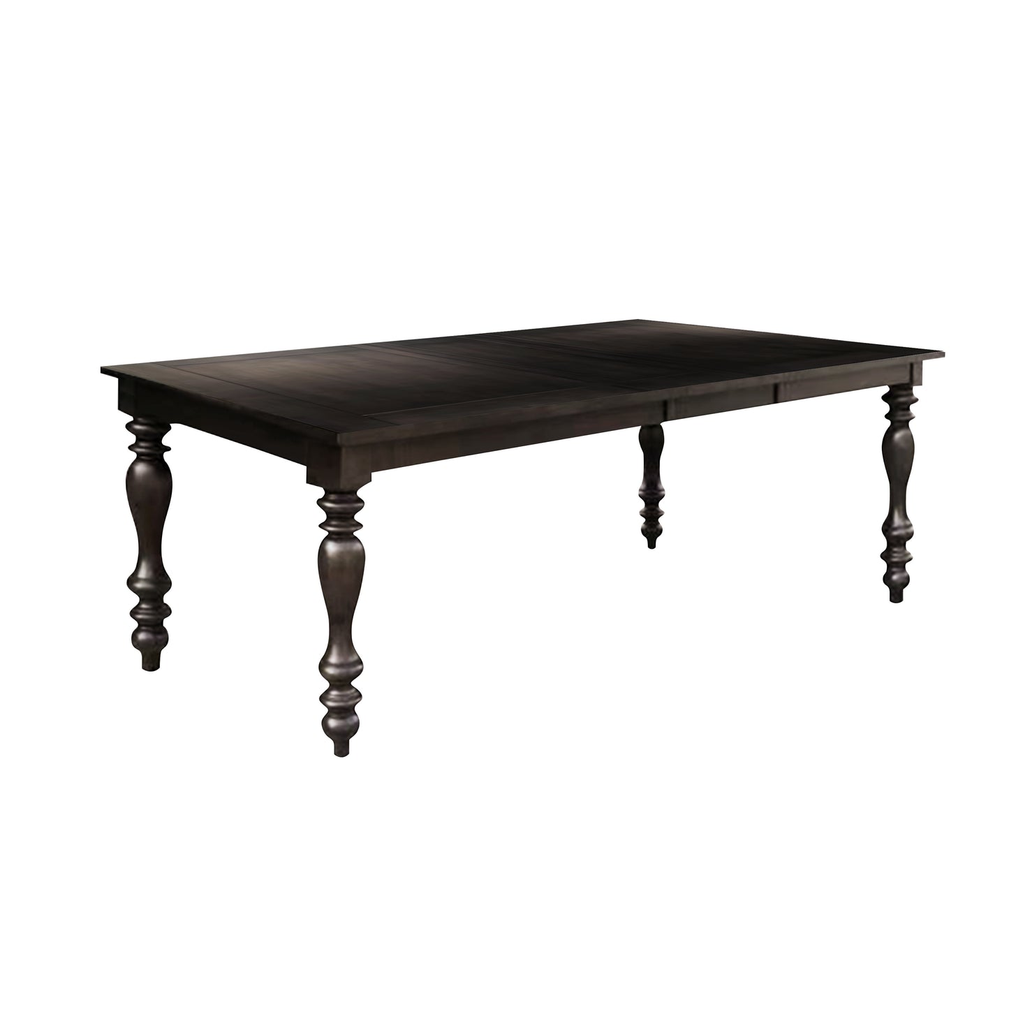 Dark brown wooden dining table with turned legs