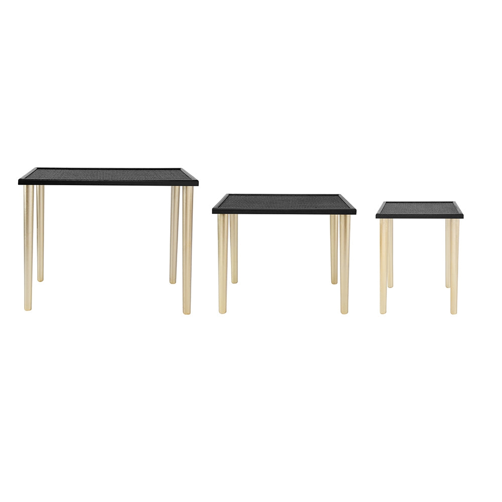 Set of three black rattan nesting tables with gold metal legs