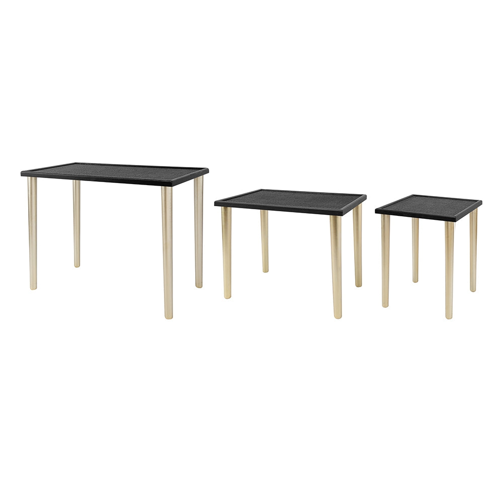 Set of three modern accent tables with black textured tops and gold legs