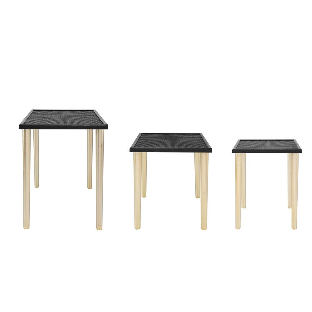 Three modern side tables with black woven tops and tapered light wood legs