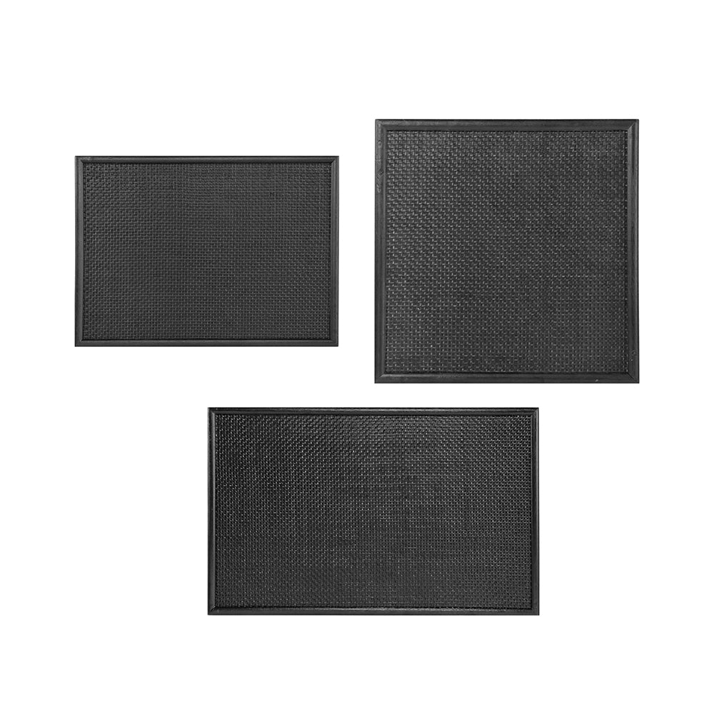 Three black rubber doormats with textured basketweave pattern varying sizes for entryway use