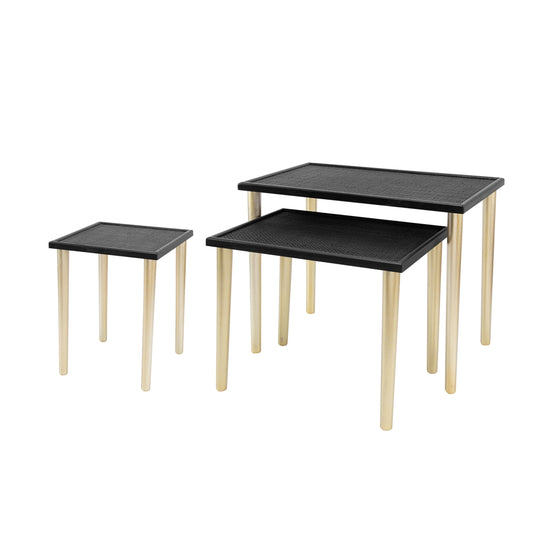 Black rattan nesting tables with light wood legs set of