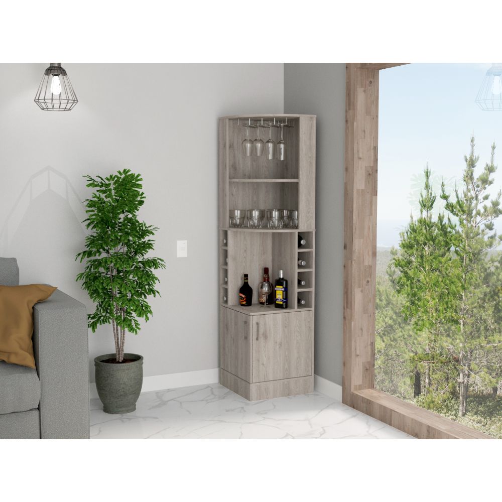 TREATLIFE HOME Modern Corner Cabinet with Eight Bottle Cubbies and Two Open Shelves, Light Gray Design