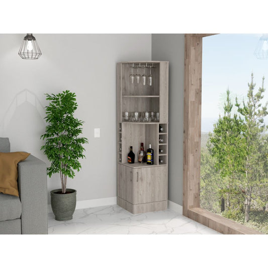 TREATLIFE HOME Modern Corner Cabinet with Eight Bottle Cubbies and Two Open Shelves, Light Gray Design