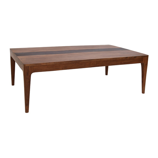 Midcentury modern walnut dining table with inlaid dark wood stripe seats six