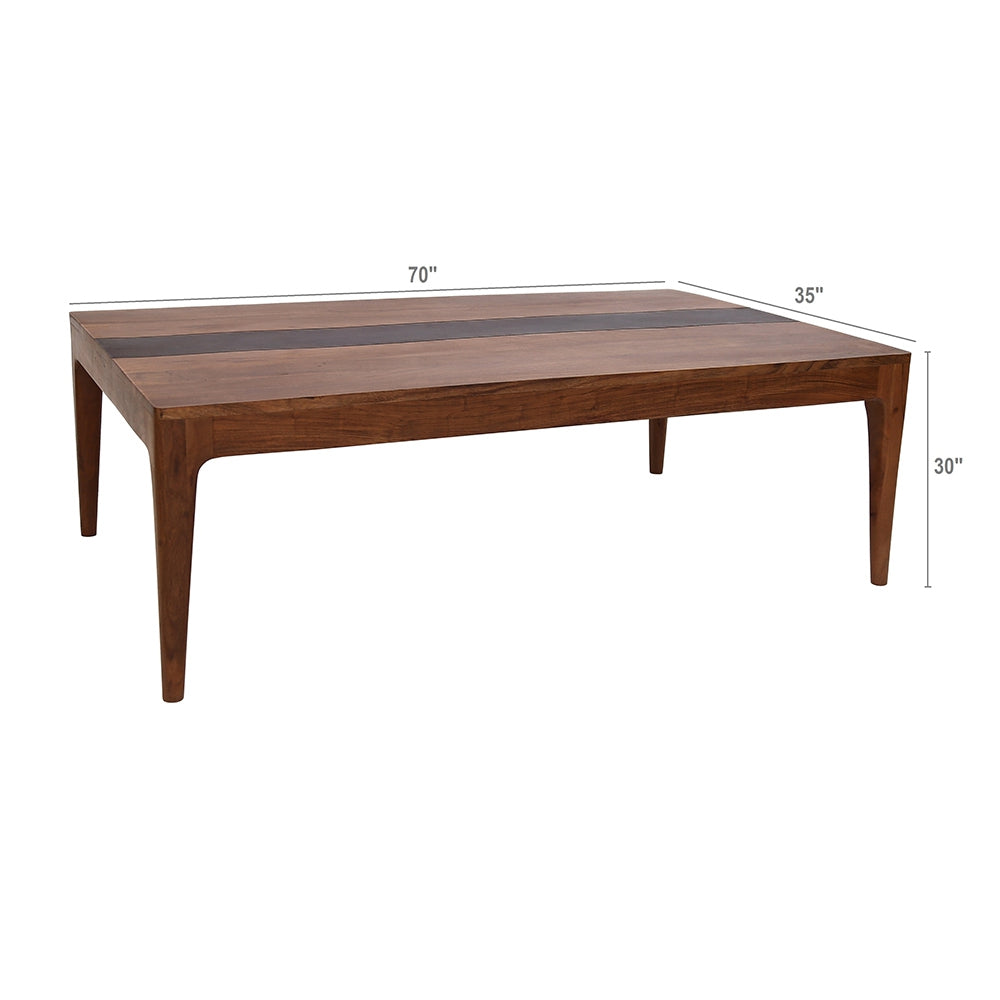 Rustic solid wood dining table with dark wood inlay and tapered legs