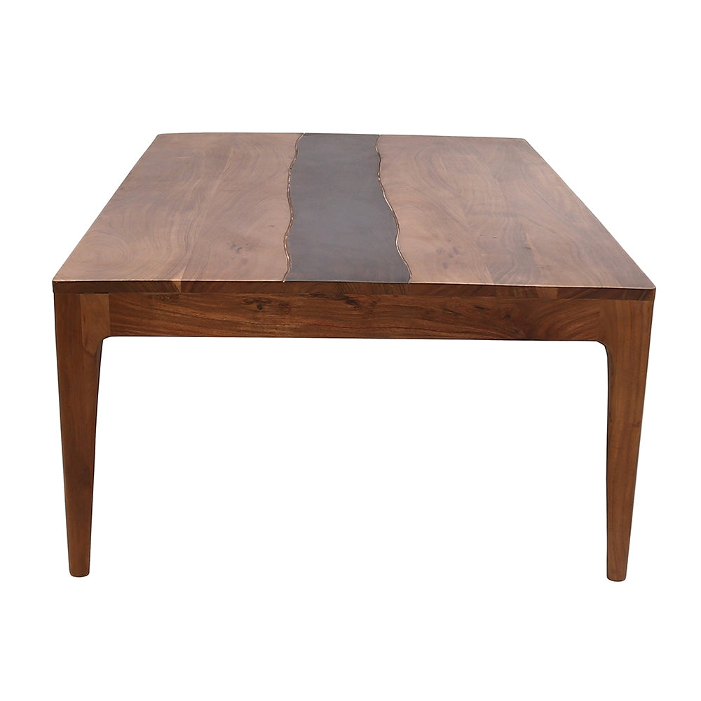 Modern walnut dining table with live edge river inlay and tapered legs