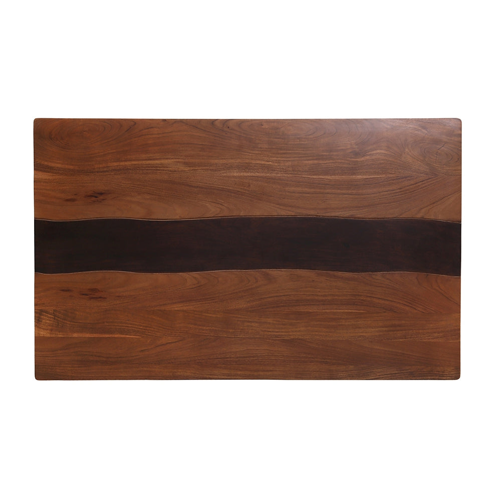 Rectangular walnut dining table top with dark wood inlay and natural grain texture
