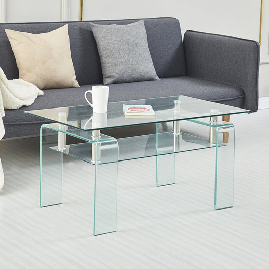 Modern clear glass coffee table with chrome accents and two shelves