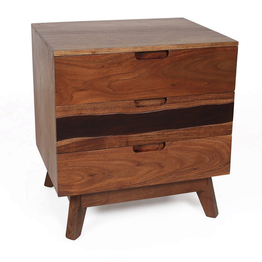 Threedrawer wooden nightstand with angled legs and dark wood accent