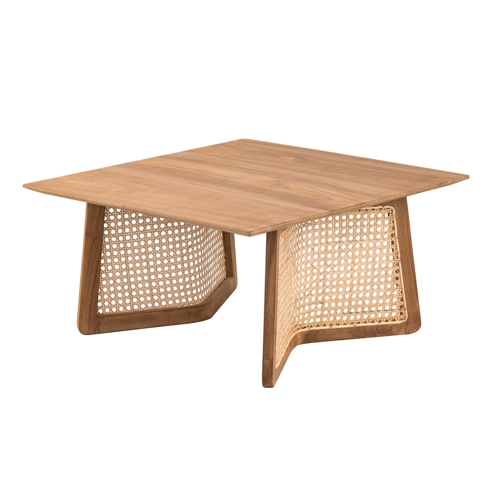 Square wooden coffee table with rattan accents and modern curved legs