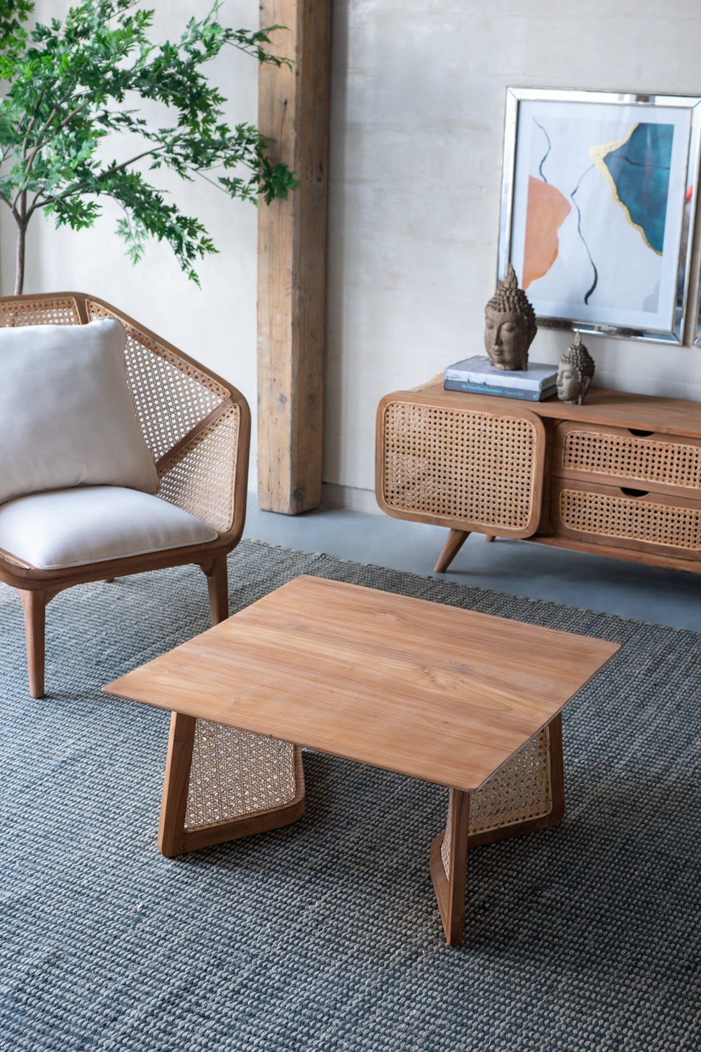 Natural wood coffee table with woven cane base modern living room accent