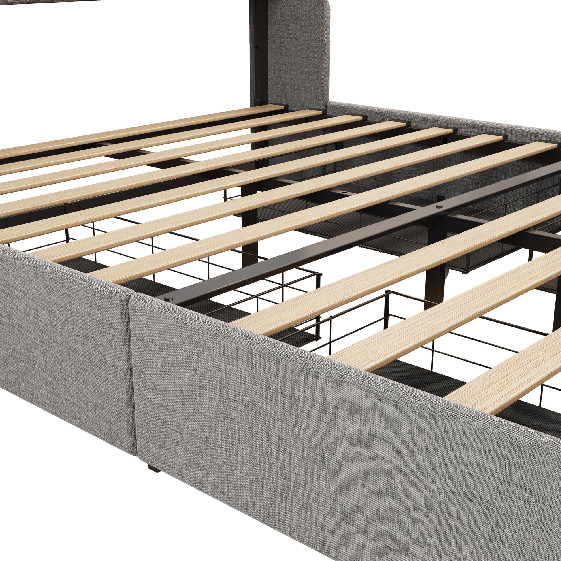 Gray upholstered bed frame with a slatted wooden support system
