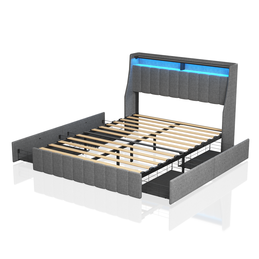 Grey upholstered platform bed frame with LED headboard and storage drawers