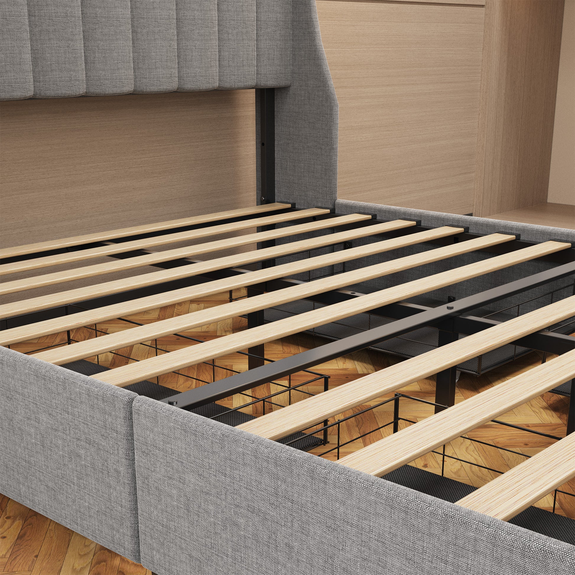 Gray upholstered platform bed frame with wooden slats and padded headboard