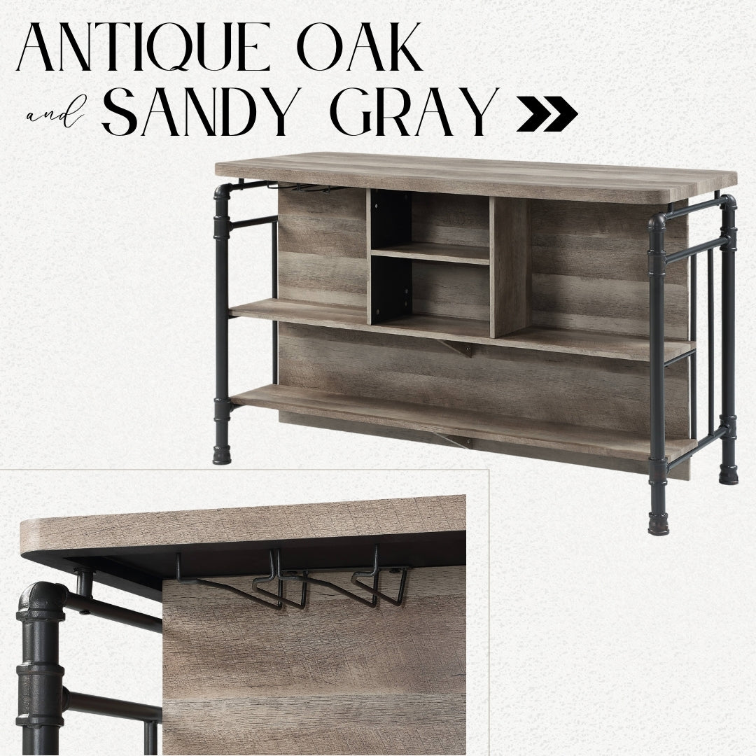 Rustic bar cabinet in antique oak finish with black metal frame and multiple shelves