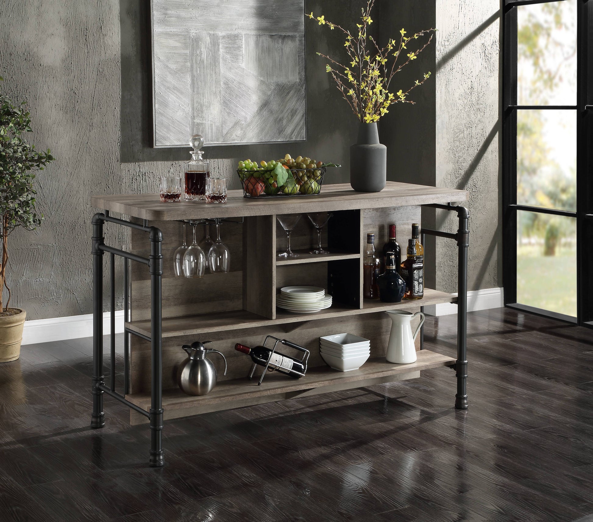 Rustic wood and pipe bar cabinet with wine rack and glass holders
