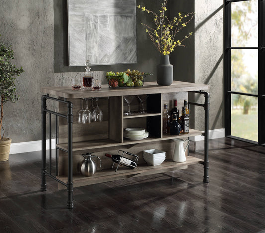 Rustic wood and pipe bar cabinet with wine rack and glass holders