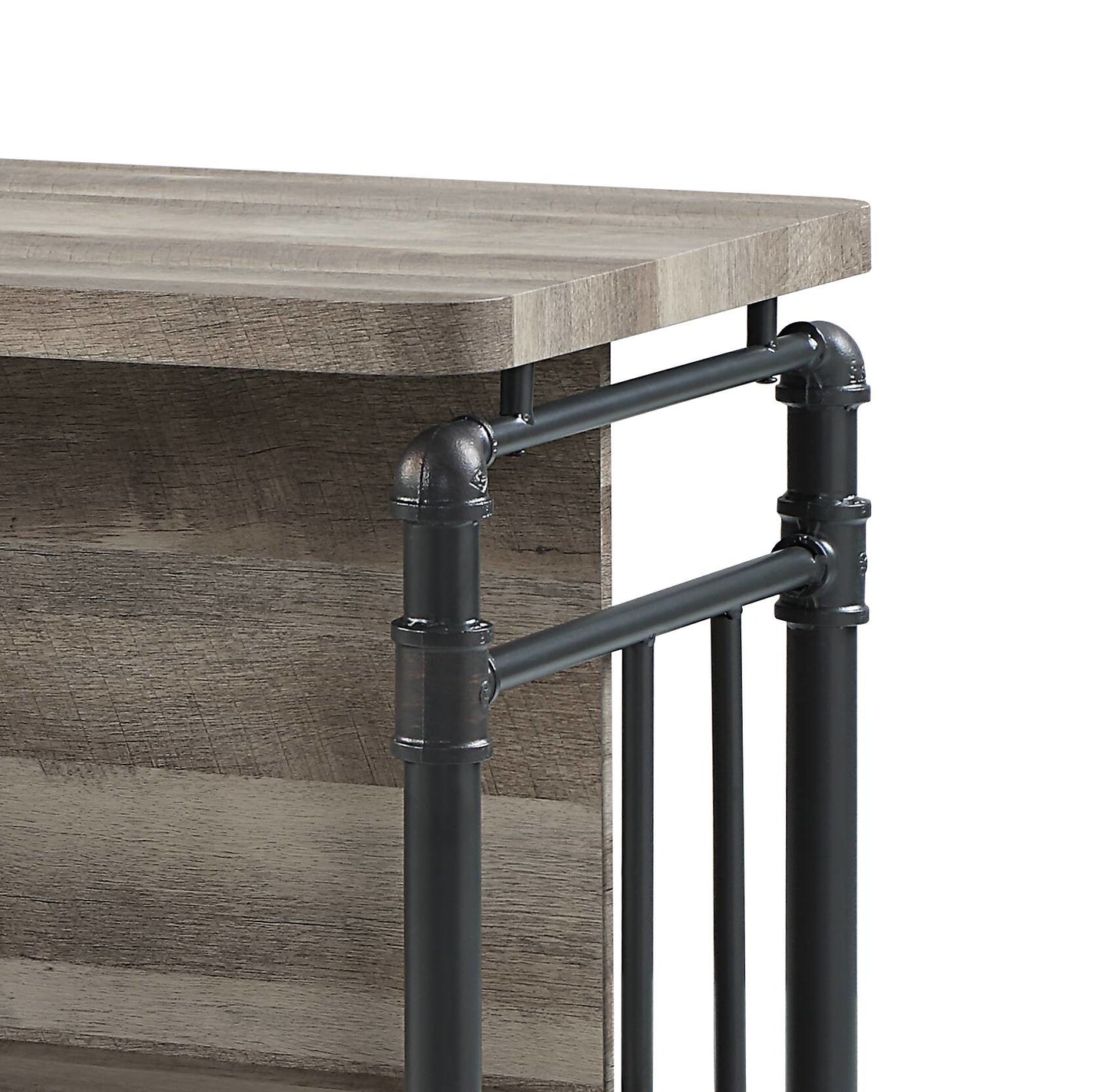 Rustic wood side table with industrial black pipe legs and accents