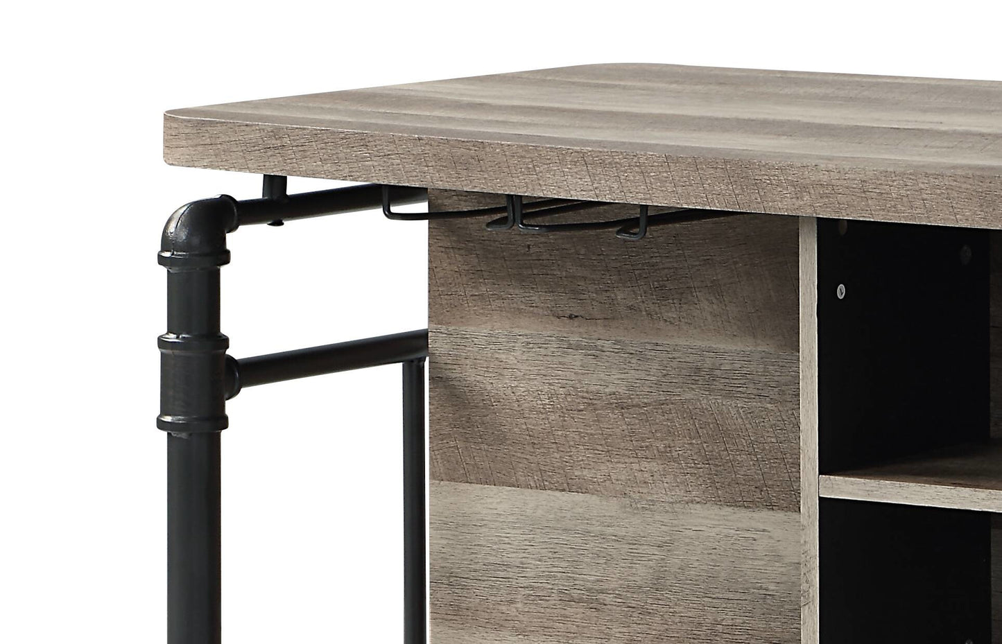 Rustic wood bar cart with industrial pipe frame and wine glass rack
