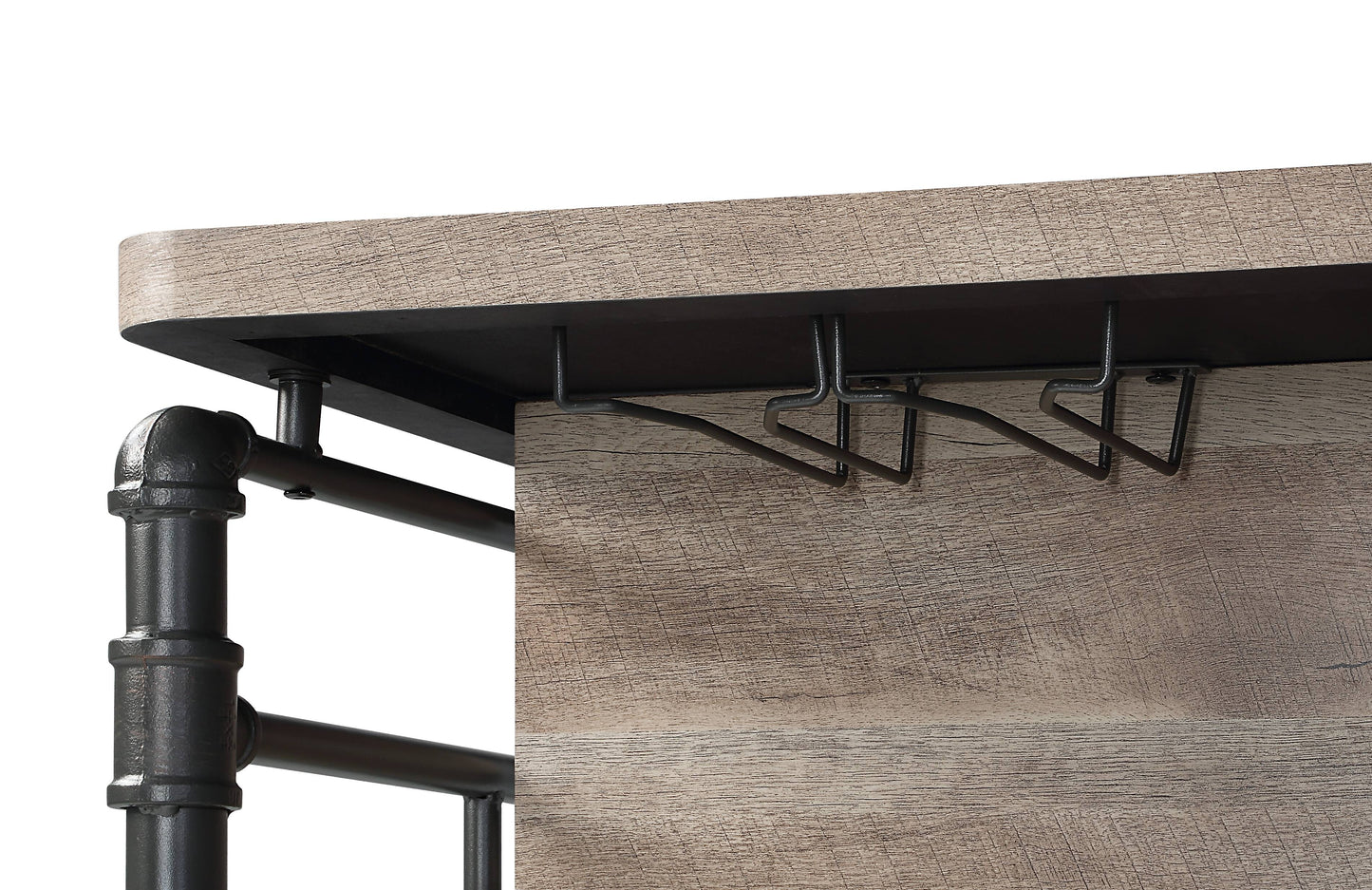Rustic woodgrain tabletop with industrial pipe legs and wine glass rack
