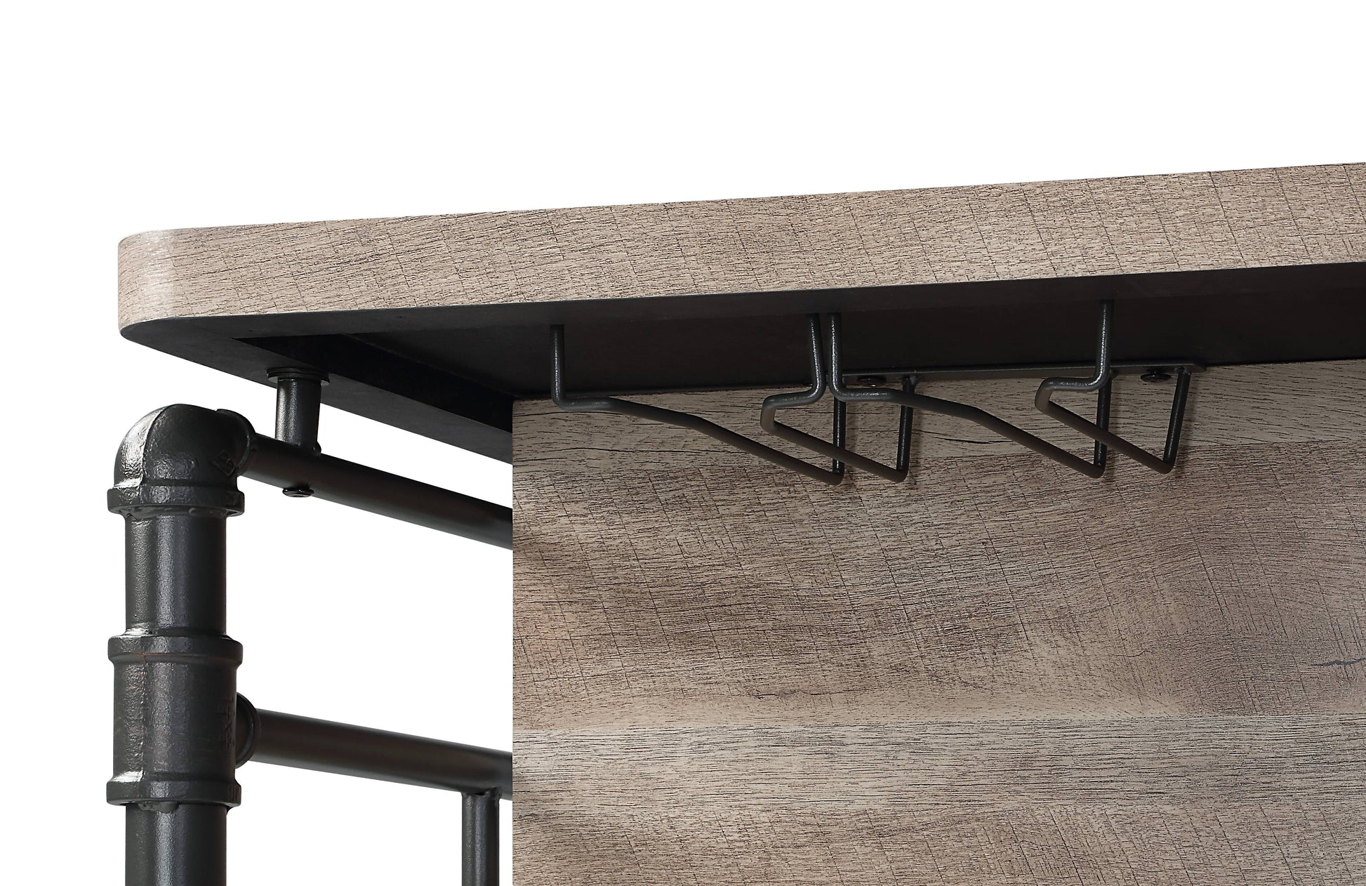 Rustic woodgrain tabletop with industrial pipe legs and wine glass rack