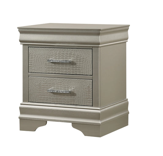 Glamorous silver nightstand with crocodile embossed drawers and crystal knobs