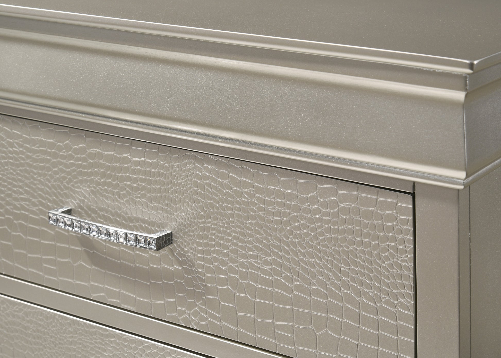 Champagne crocodile embossed drawer front with crystal handle