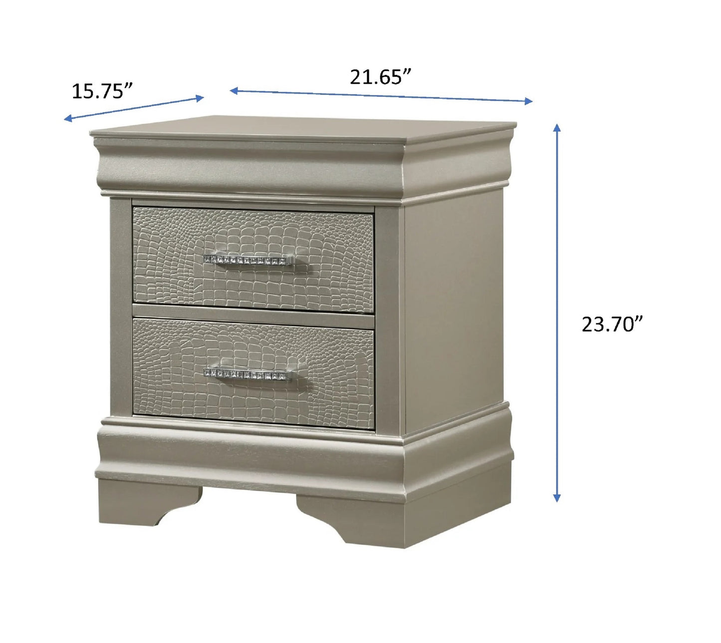 Glam silver nightstand with crocodiletextured drawers and crystal pulls