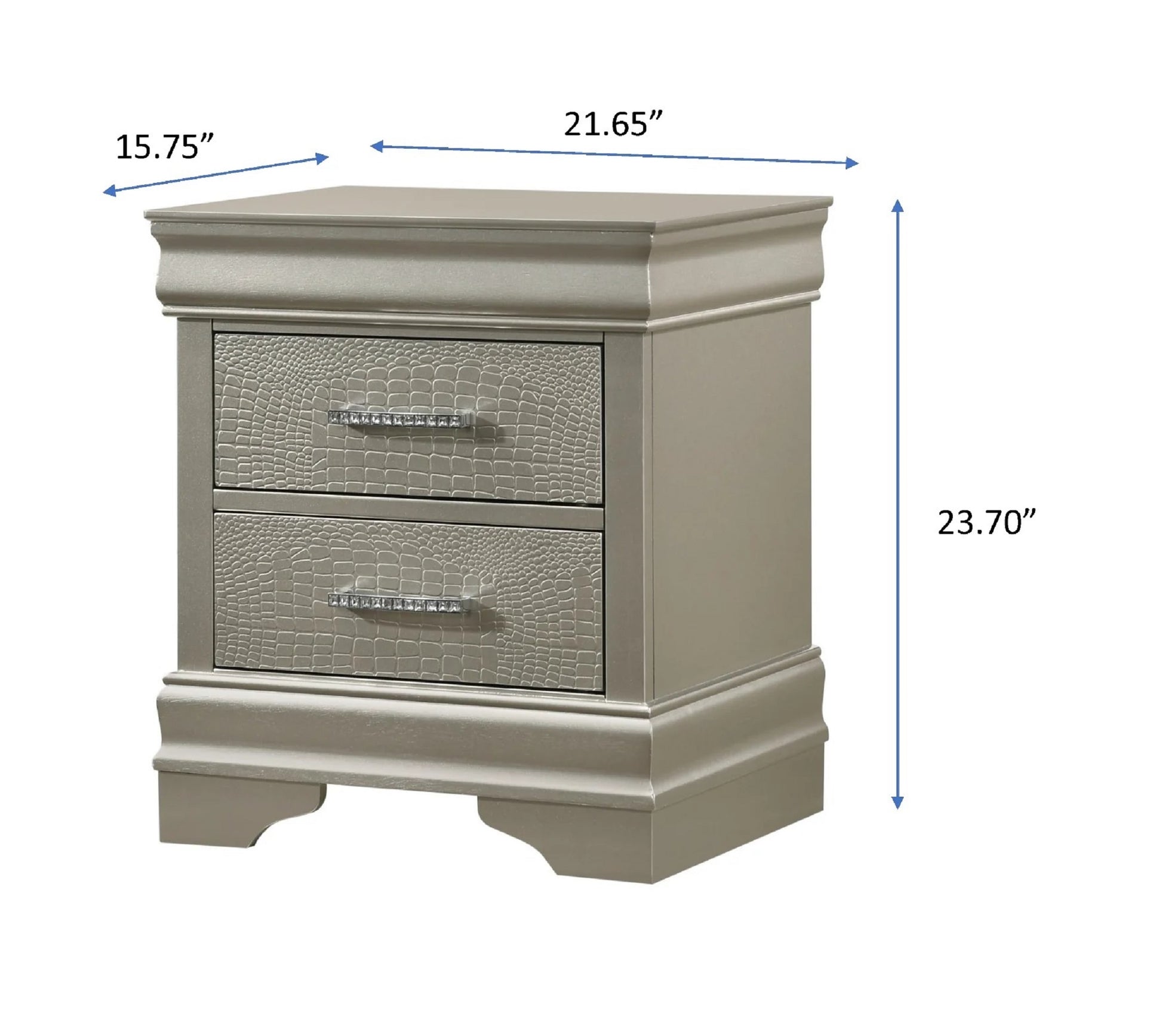 Glam silver nightstand with crocodiletextured drawers and crystal pulls