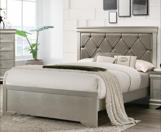 Silver crocodile textured platform bed with tufted diamond headboard