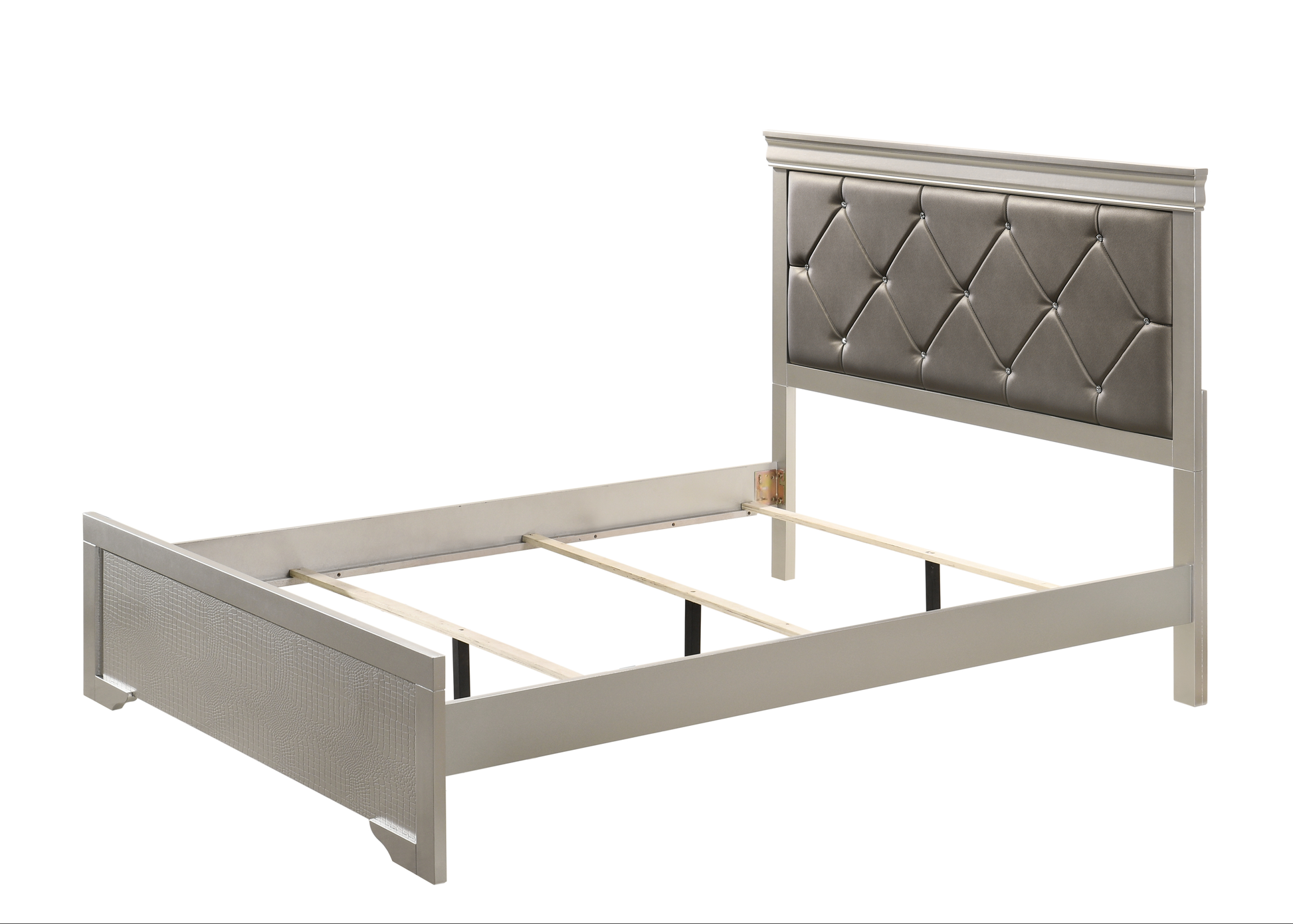 Silver tufted headboard bed frame with textured footboard