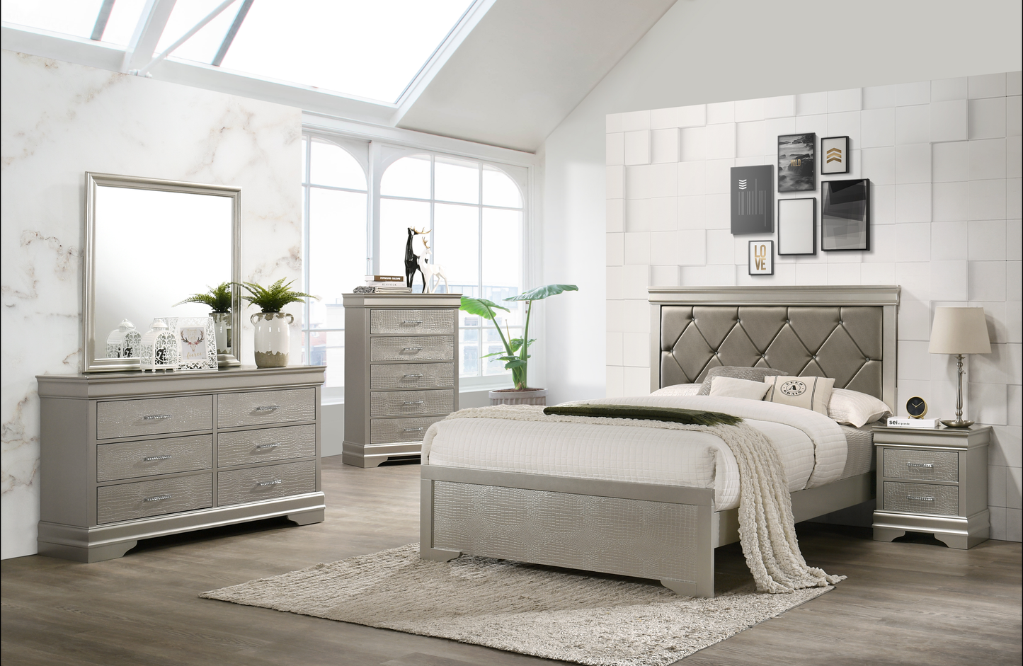 Silver textured dresser with mirrored surface